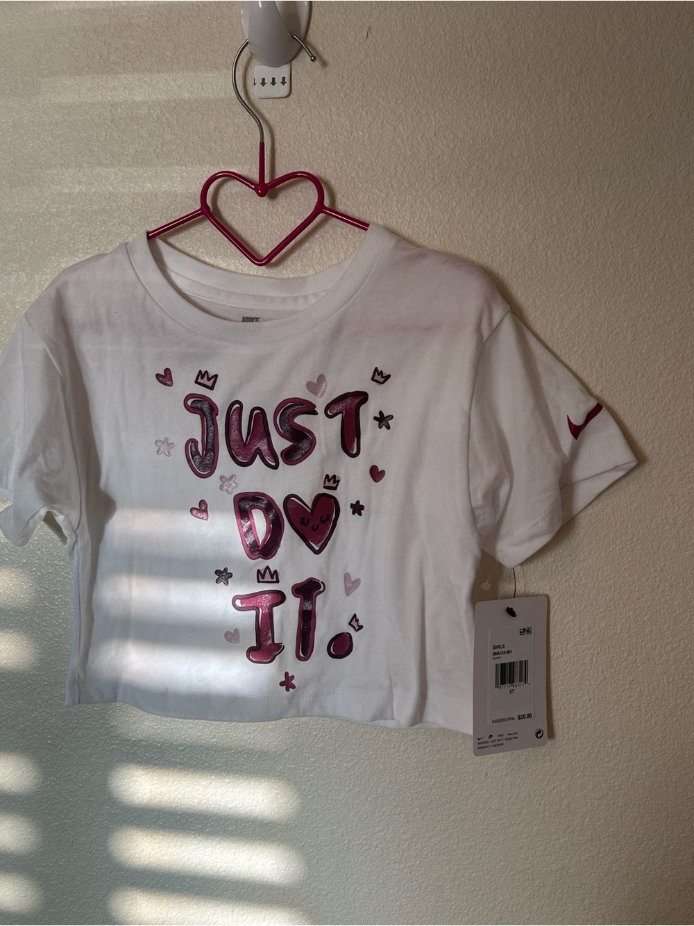 Nike White Short-Sleeve Tee with Pink Metallic 'JUST DO IT.' Graphic